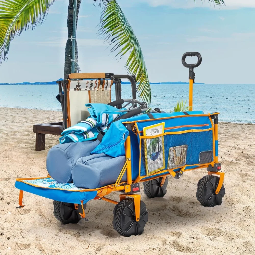 

49 Inch Extra Long Beach Wagon, Collapsible Utility Beach Cart Heavy Duty Folding Wagon,Ideal for Outdoor Sand Camping Garden