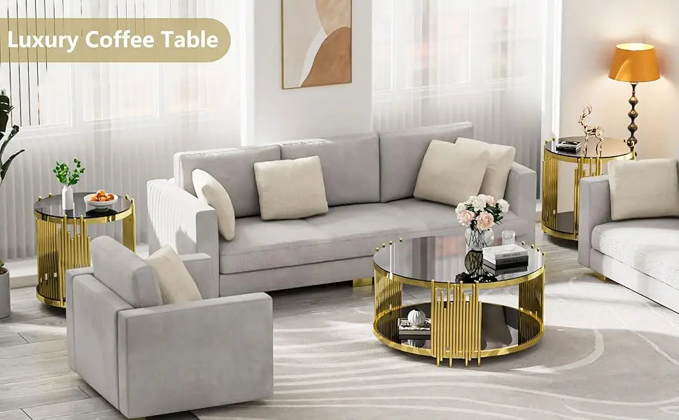 Description Picture 2 of itemCoffee Table Round Modern Living Room Table, Gold Stainless Steel Metal Leg Clear Tempered Glass, Sofa Center Table, Gold