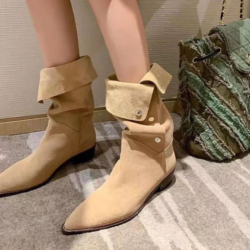 

Hot Sale Western Knight Boots Autumn Winter Woman Mid-calf Boots Fashion Pointed Toe Square Heel Pump British Pleated Lady Shoes