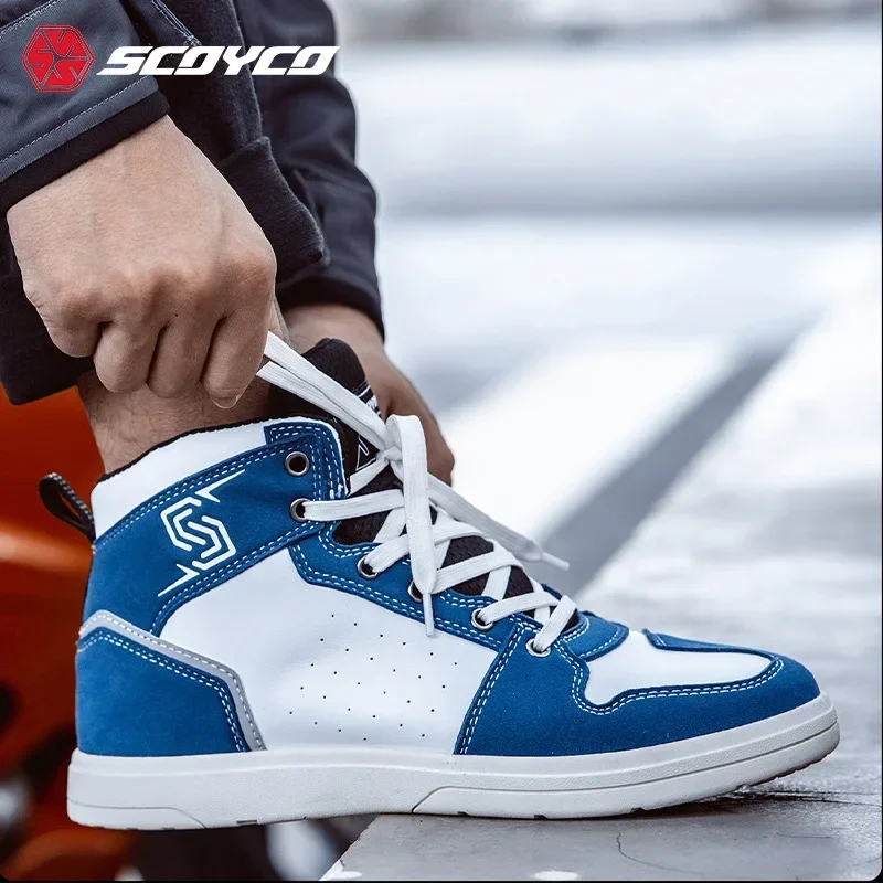 New Men Motorcycle Boots SCOYCO Cowhide Microfibe Leather Breathable Motocross Shoes Anti-skid Moto Biker Wear-resistant