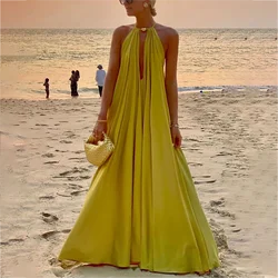 Solid Color Halter Long Dress 2024 Women's Swimwear Summer Elegant Bikini Suit Cutout Sleeveless Vacation Luxury Beach Swimsuits