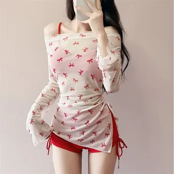 Red Korean Swimwear Sexy High Waisted Bikinis Sets 3 Pieces with Bow Print Cover Smock Drawstring Lace-up Swimsuit Beach Wear
