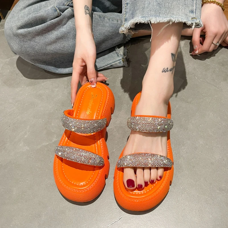 2023 Summer Fashion Rhinestone Sandals Candy Colour Thick Bottom Big Size Slippers Soft Bottom Beach Slippers Sandalias De Mujer