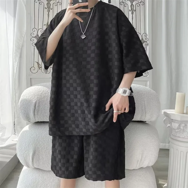Men's High-end Summer Sets White Checkerboard T-shirts Shorts Summer Trendy Quality Casual Clothes Korea Youth Ins Hot Style 8XL