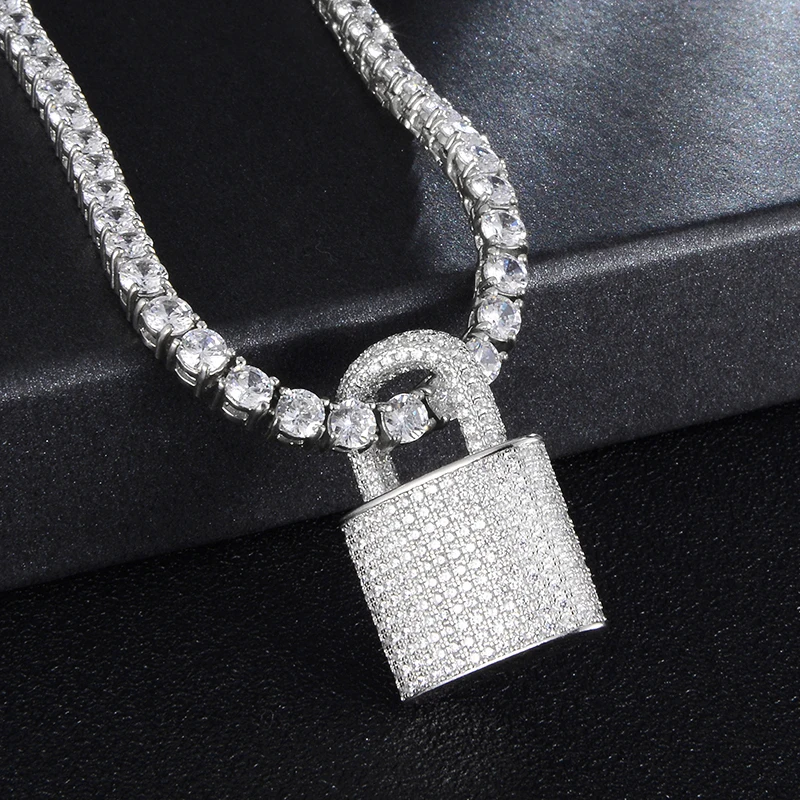 US7 Men Women Hip Hop Lock Pendant Necklace with 4mm Zircon Tennis Chain Iced Out Bling Necklaces HipHop Jewelry Fashion Gift