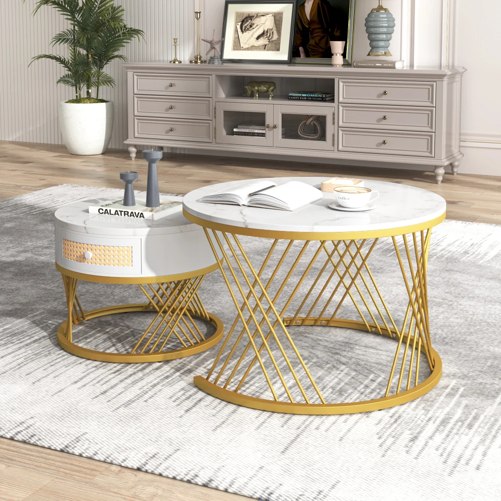2-in-1 runder Couchtisch aus MDF, Beistelltisch mit Marmor-Arbeitsplatte und Schubladen aus Kunststoff-Rattan, Massivholzgriffe – Detail 7