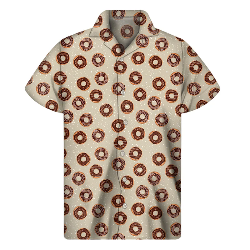 thumbnail image 1 of Camisa con estampado 3D de galletas y donas de chocolate para hombre, camisas hawaianas de verano, blusa hawaiana con solapa de calle, botones, mangas cortas, 1 of 5