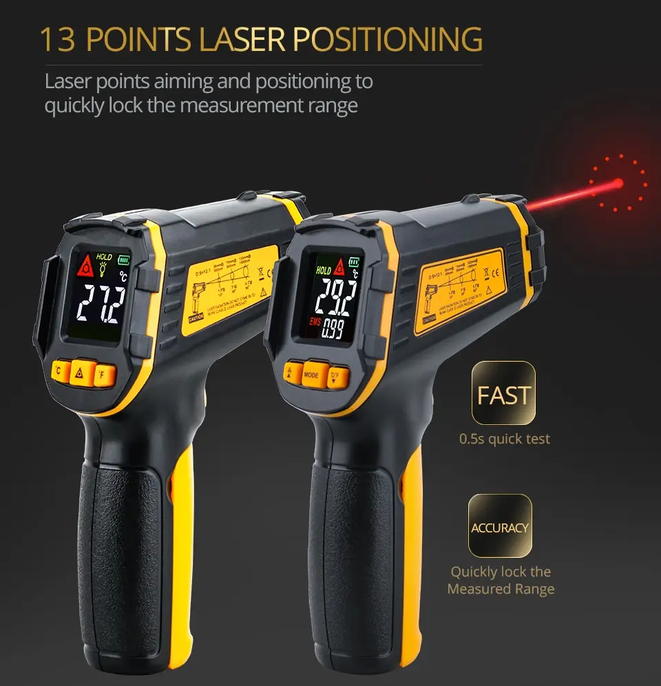 S48bb50f3fa3f480b86087685be36e998j Digital Infrared Thermometer Laser Temperature Meter Non-contact Pyrometer Imager Hygrometer IR Termometro Color LCD Light Alarm Mallzona