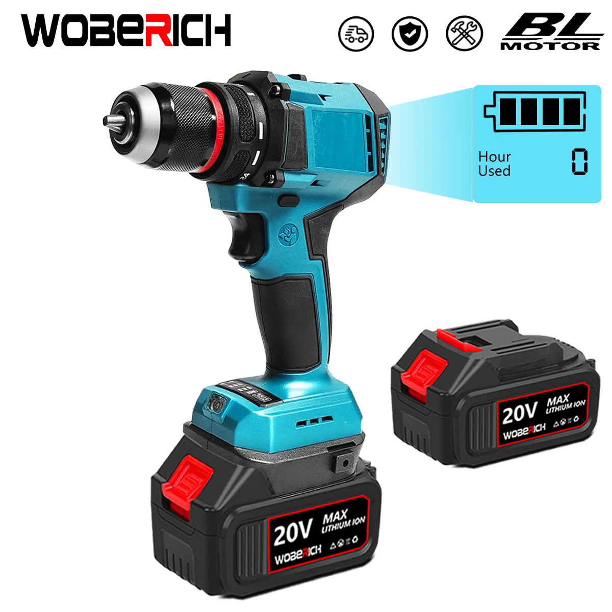 WOBERICH Brushless Electric Impact Drill Cordless Screwdriver Power Tool Digital Display For Makita 18V Battery Pin