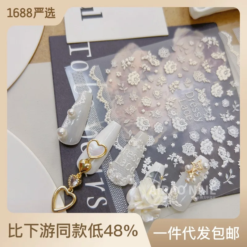 

Embossed Nail Stickers Popular Japanese Retro 5d Nail Stickers Black and White Lace Flower Nail Jewelry