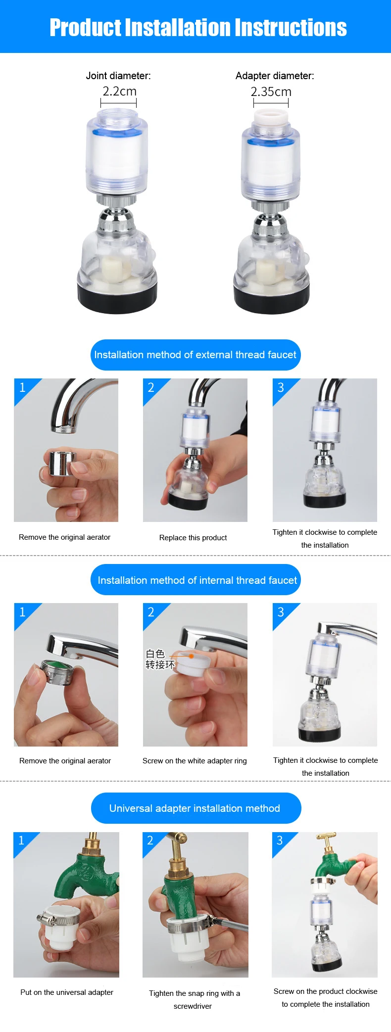 360-degree rotatable waterproof faucet anti-splash nozzle three-speed adjustable kitchen tap water filter water purifier shower black kitchen faucet