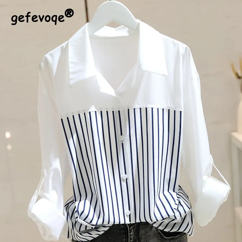 2023 Spring and Autumn Women's New Stripe Splicing Design Feeling Small Blouse Loose Slim Casual Comfortable White Shirt