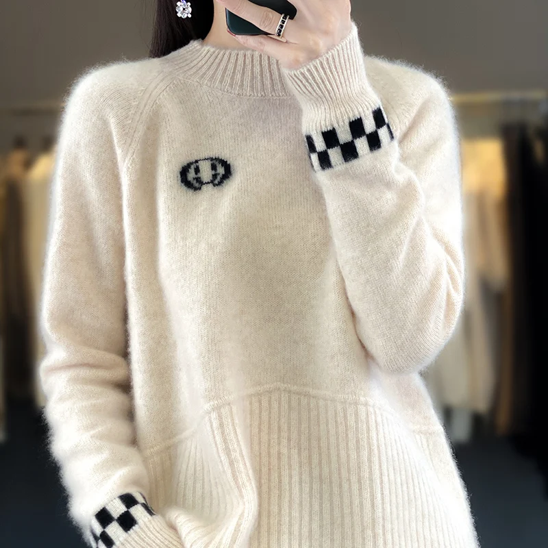 

New autumn and winter 100% merino wool women's semi-turtle neck knitted pullover thickened loose long-sleeved casual top