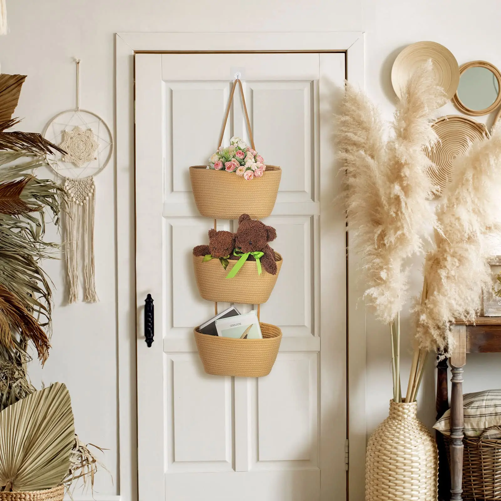 Woven Hanging Baskets 3 Tier Wall Mounted Storage Basket For Living Room