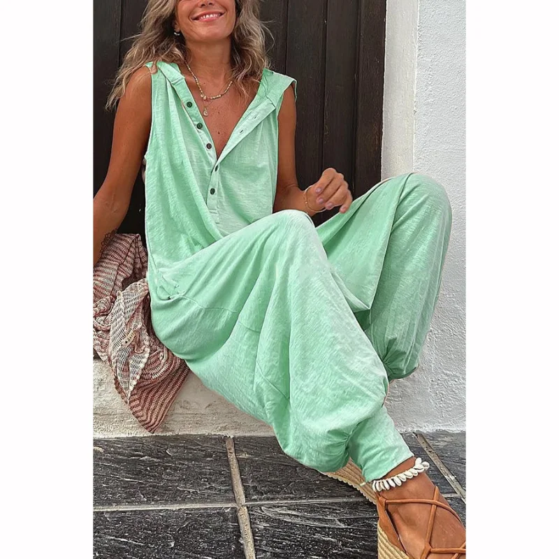 Women Button Sleeveless Rompers Summer Causal Beach Cross-pants Fashion Loose Solid Wide Leg Playsuit New Retro Hooded Jumpsuit