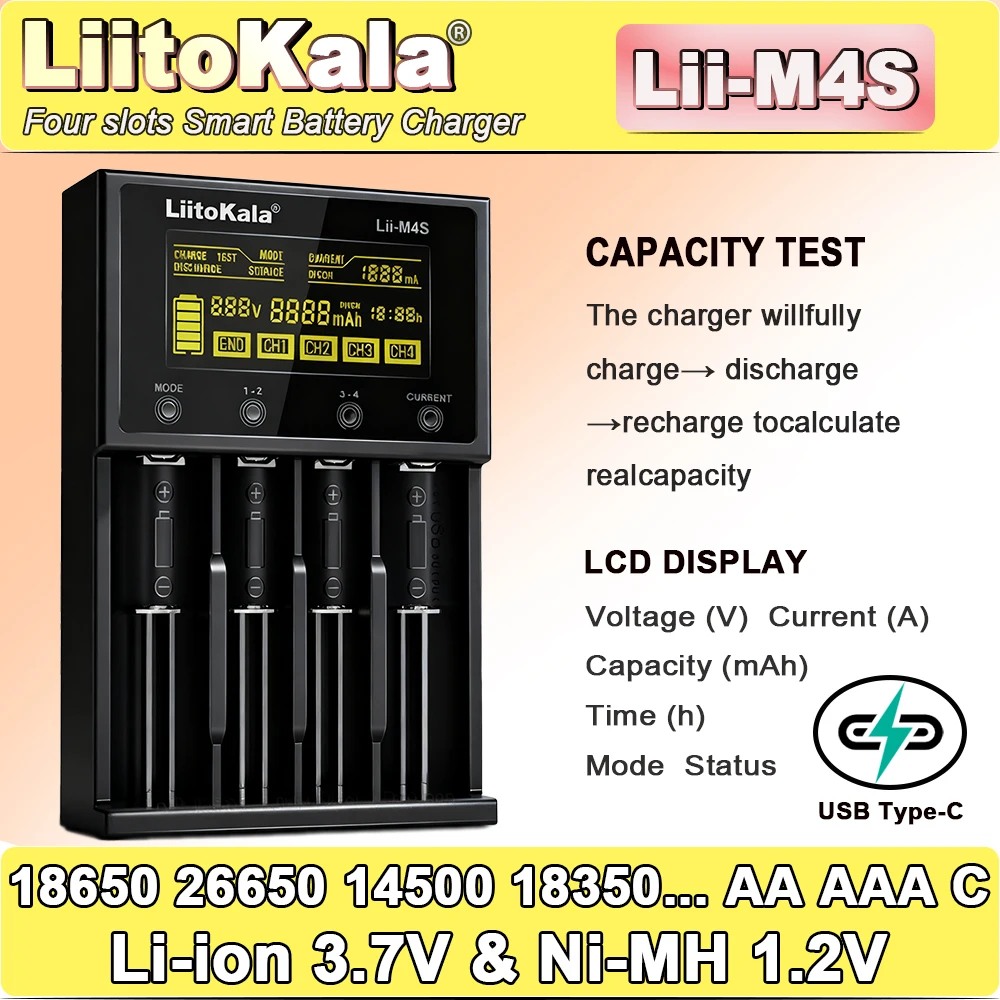 LiitoKala Lii-M4S Touch Charger (4 Slots)-300-1000mA LCD Capacity Tester w/ Storage Mode & USB Power Bank for 21700/26650/18650