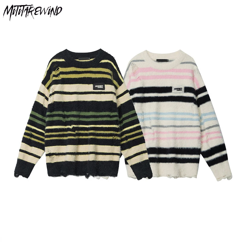 

High Street Hip Hop Stripe Sweaters Couple Long Sleeve Casual Autumn Winter Harajuku Graphic Streetwear Pullover O Neck Sweaters