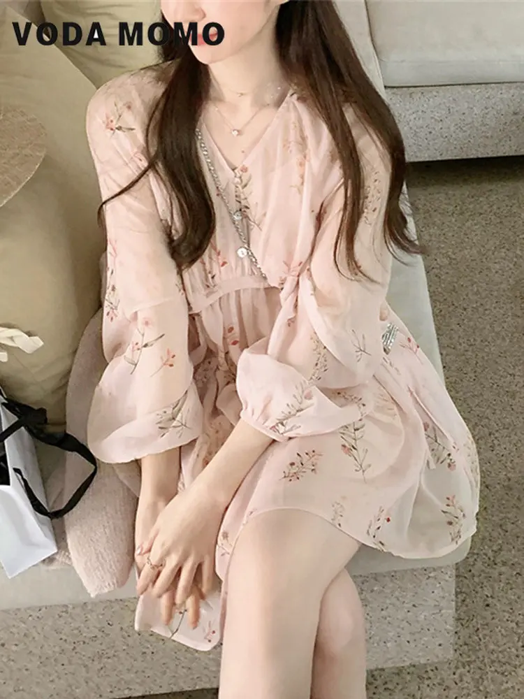 

New Y2k Long Sleeve Casual Short Skirt Fragmented Flower Dress Women Summer Korean Fashion Clothing Chiffon Beach Party Dress