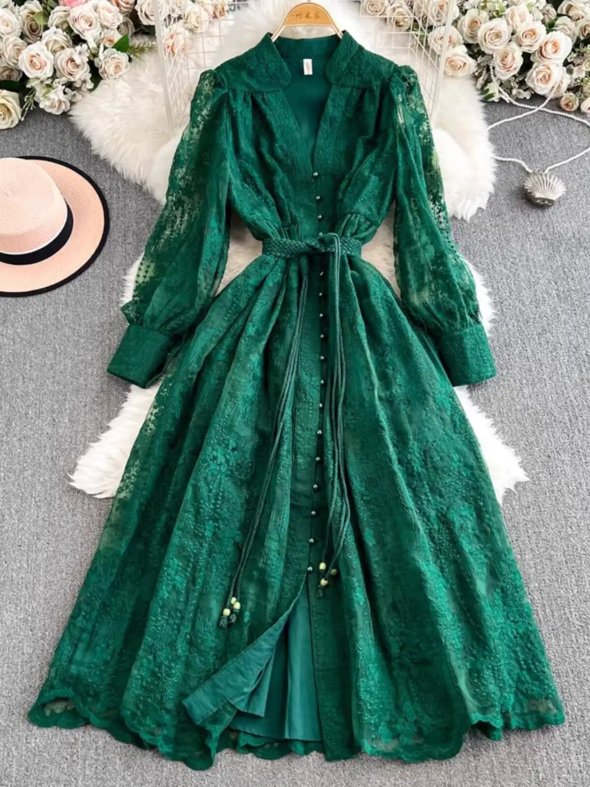 French Court Style Dress Heavy Embroidery Waist Slimming Long Lace Dress Women High-end Exquisite Dress