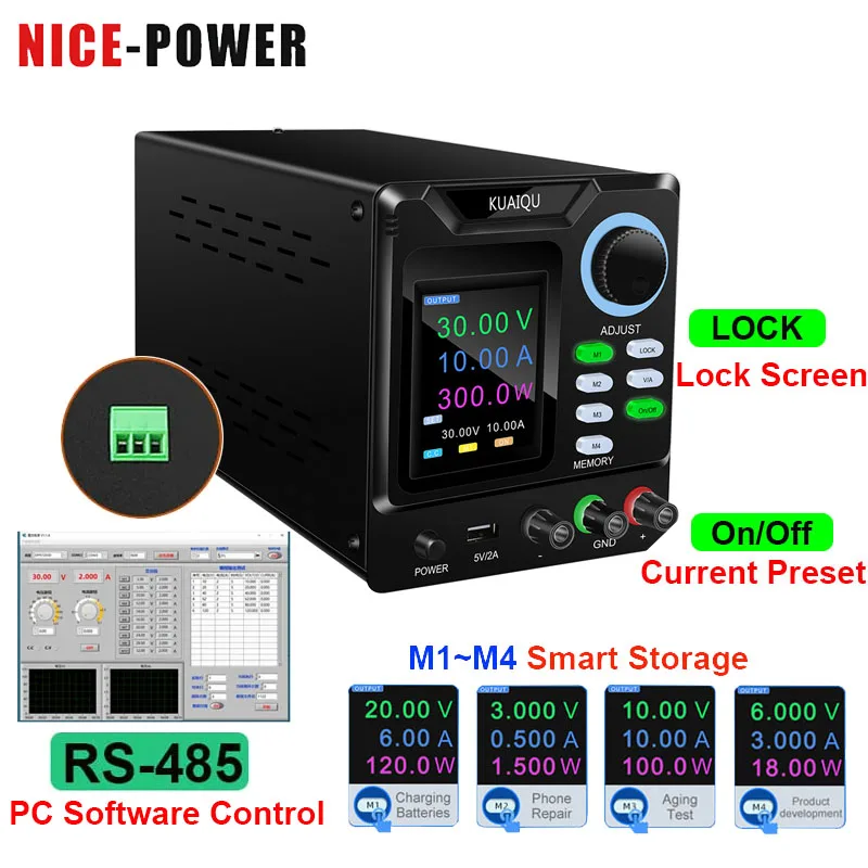 

Lab Programmable DC Power Supply With RS-485 Port/Data Memory/Current Preset/Lock Screen For LED Light Battery Test Phone Repair