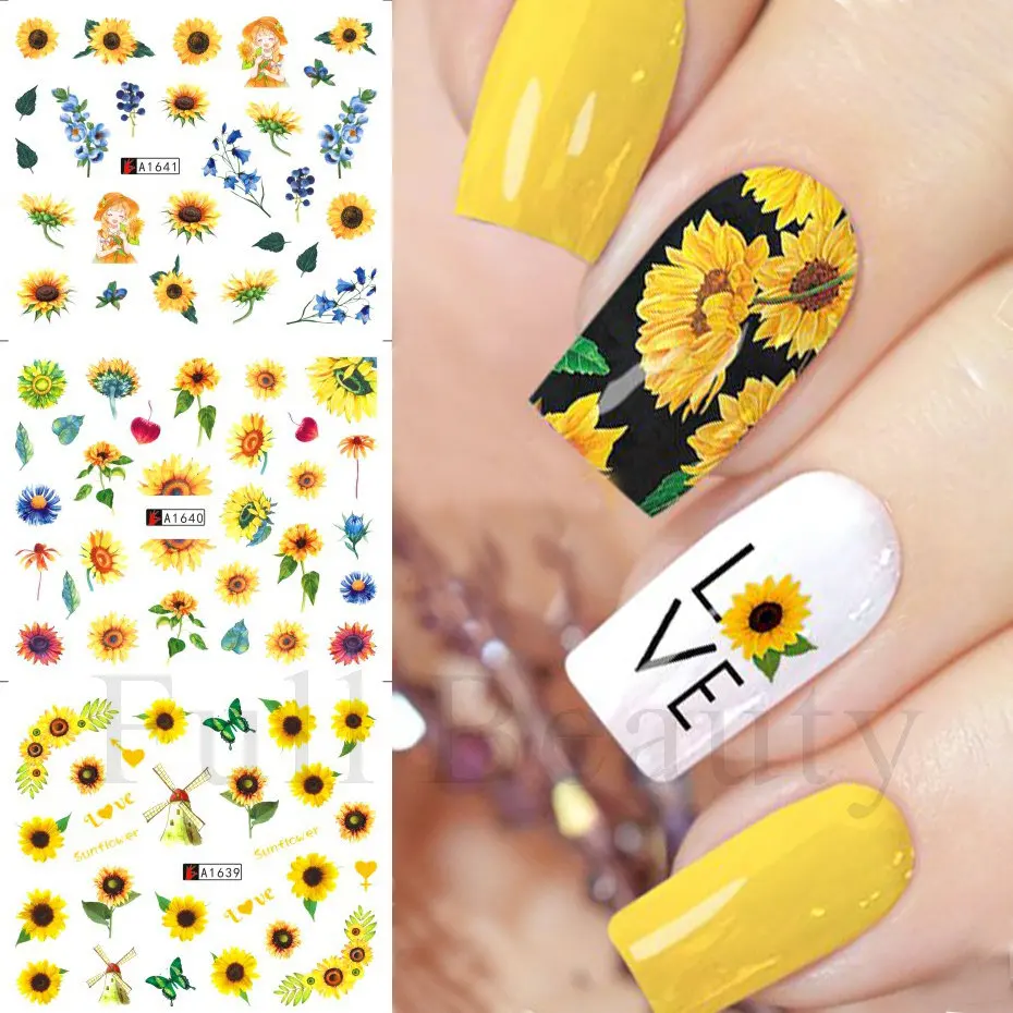 12pcs Sunflower Nail Art Stickers Plant Floral Water Transfer Foil Slider Daisy Flower Spring Summer Manicure