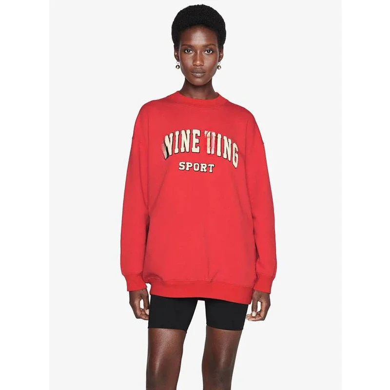 

Letter BING hand-em Broidered Loose Red Cotton Fleece Hoodie For Round Neck Women Sweatshirts