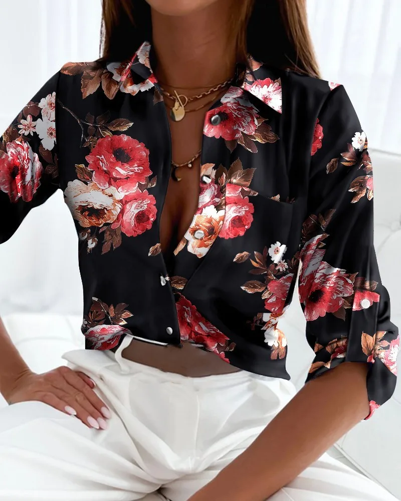 Elegant Print Cardigan Shirt Female Spring Summer Casual Lapel Long Sleeve Blouse Streetwear Women Versatile Basic Daily Tops 23