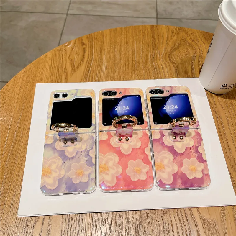 Ring Blu-ray Flower Phone Case For Samsung Galaxy Z Flip 5 4 3 5G PC Protective Flip5 Flip4 Flip3 Cover