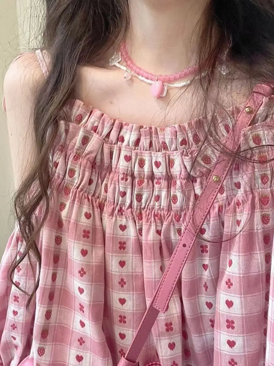 Shorts Suit Pink Japanese Kawaii Cute Sweet Two Piece Set Women Summer Lolita Print Bare Shoulder Blouse + Wide-Leg Shorts New