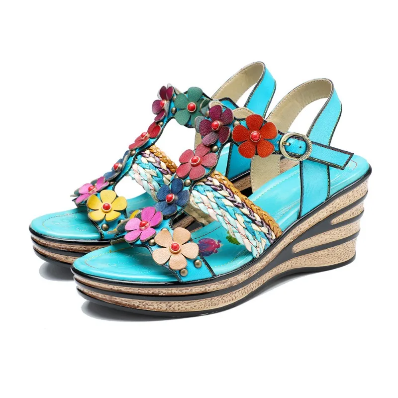 

Sandals Women 2023 Office Career Flower Buckle Strap Genuine Leather 7.5CM Wedges Ethnic Party Dress Heels For Women Lake Blue