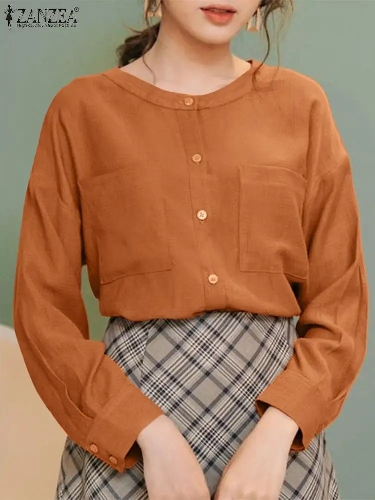 

ZANZEA Fashion Cotton Crewneck Tunics Women Long Sleeve Blouse Holiday Buttons Pockets Shirt Casual Loose Autumn 2023 Chic Tops
