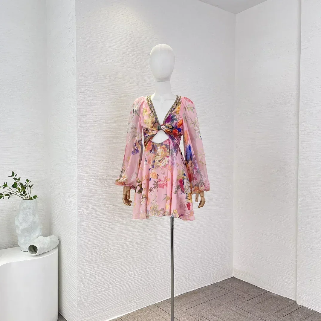 

Женское винтажное мини-платье, розовое платье из чистого шелка с длинными рукавами, вырезами и стразами