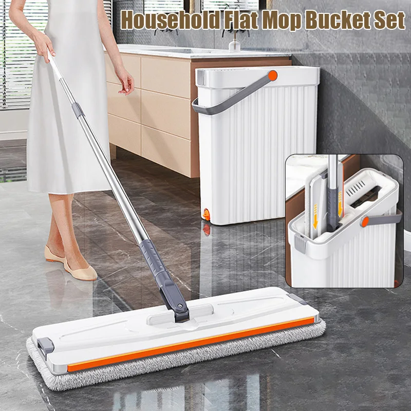 Household Flat Mop Handfree Mop Bucket Set Scratch Dunnage Floor Cleaning Tool 360 Rotating Mop with Washable Microfiber Cloth