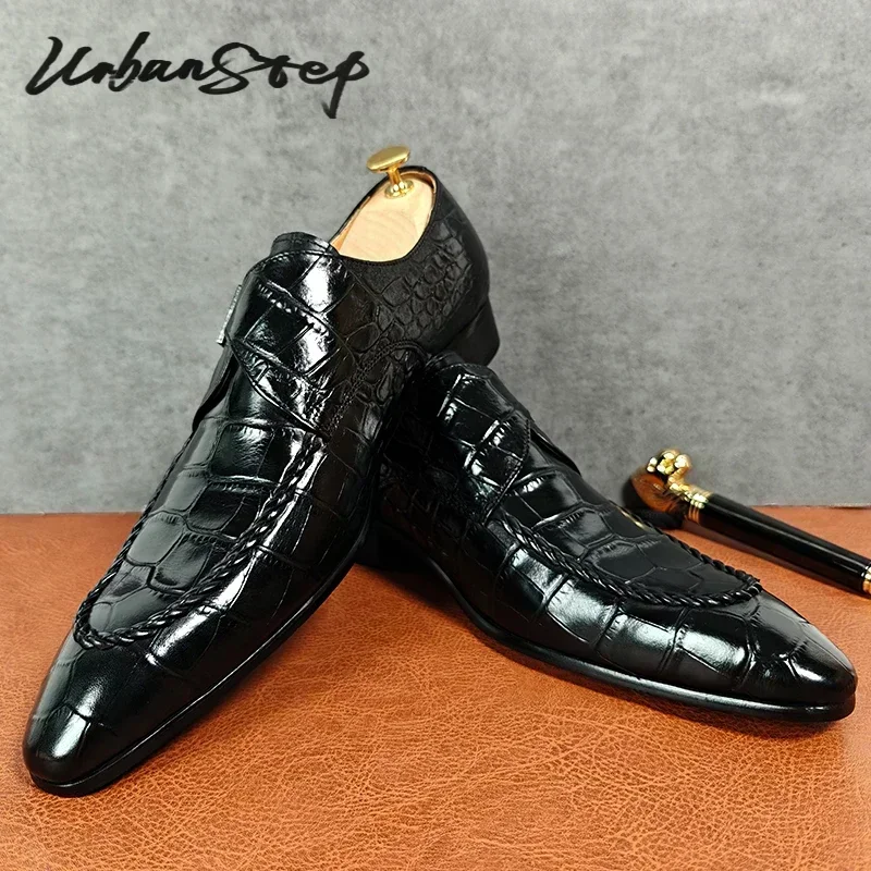 Luxury Brand Men Leather Shoes Slip-On Black Crocodile Print Woven Pattern Loafers Mens Dress Shoes Wedding Office Shoes For Men 3