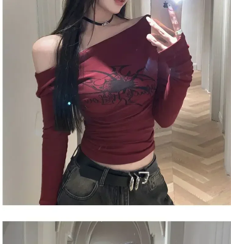 Camisetas de manga larga con cuello oblicuo para mujer, camisetas vintage sexys ajustadas, ropa de calle Y2k, camisetas para mujer, ropa nueva de primavera y verano