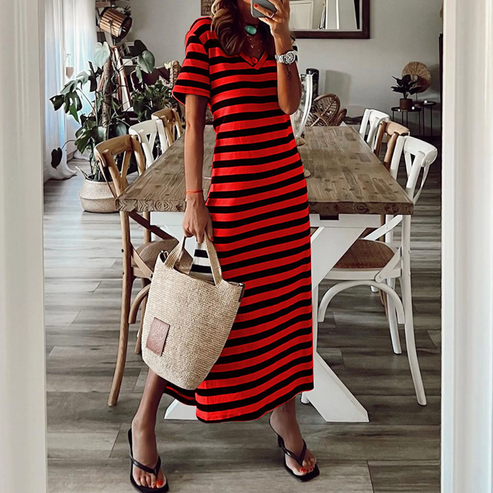 

Summer Loose Beach Sundress Ladies Oversize Long Dresses Vintage Short Sleeve Striped Maxi Split Floral Dress Casual Dress