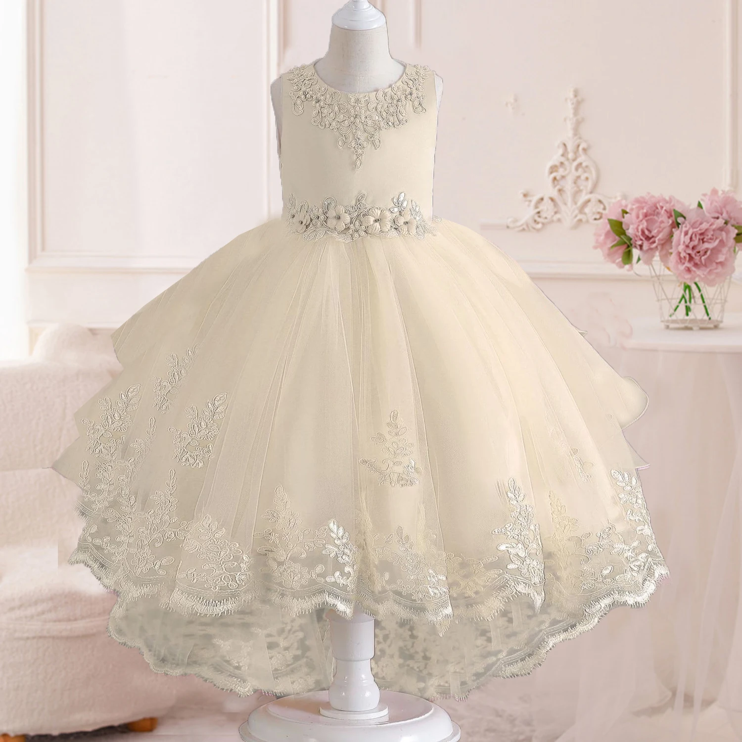 Little Girls Lace Embroidered Flower Girl Dress Birthday Party Pageant Hi-Lo Gown AT122 5