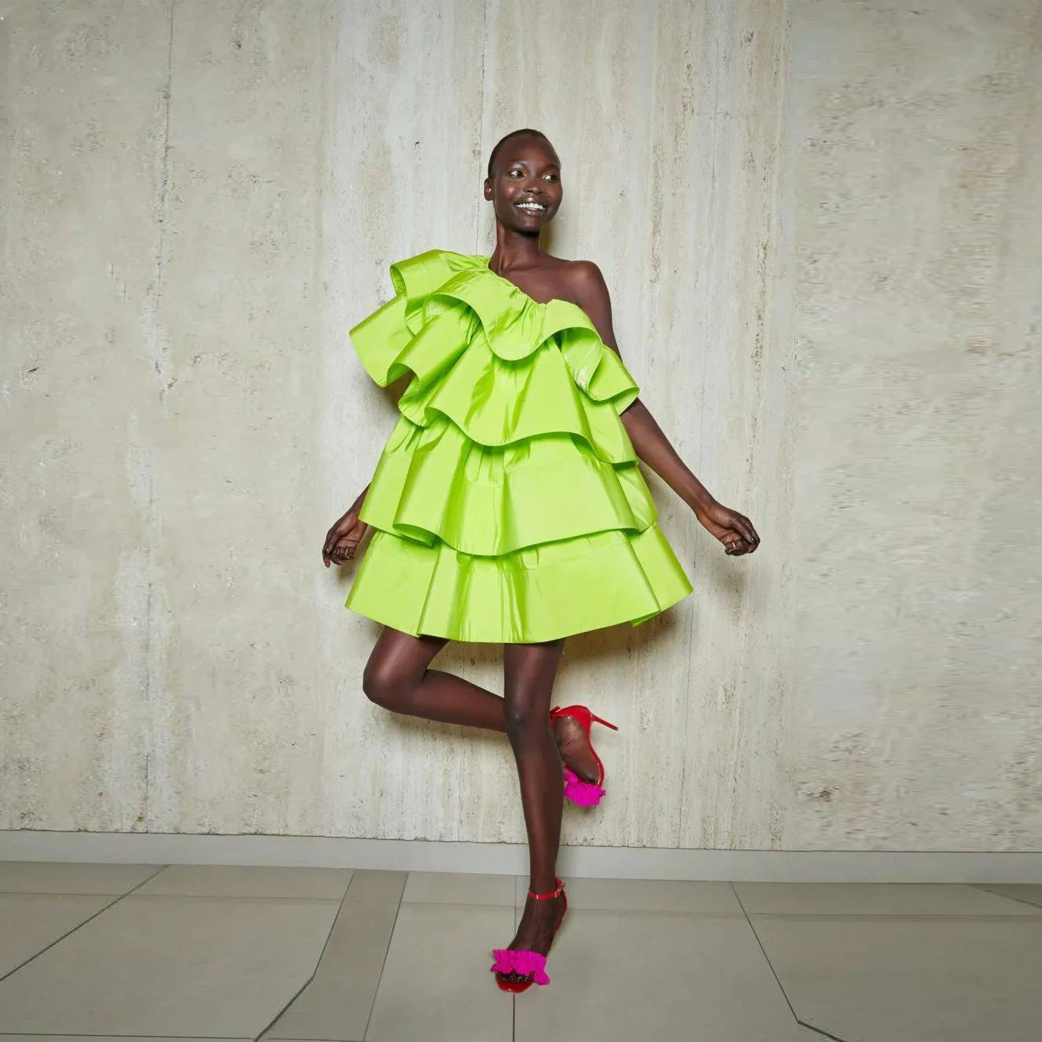 

Neon Green Dresses Mini Fashion Ruffle Satin One Shoulder Fluorescence Short Dress Sleeveless Above Knee Length