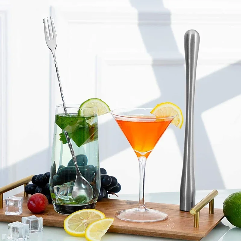 2Pcs Stainless Steel Cocktail Muddler with Bar Mixing Spoon Cocktail Muddler Long Drink Stirrer Bartender Spoon Bar Accessories