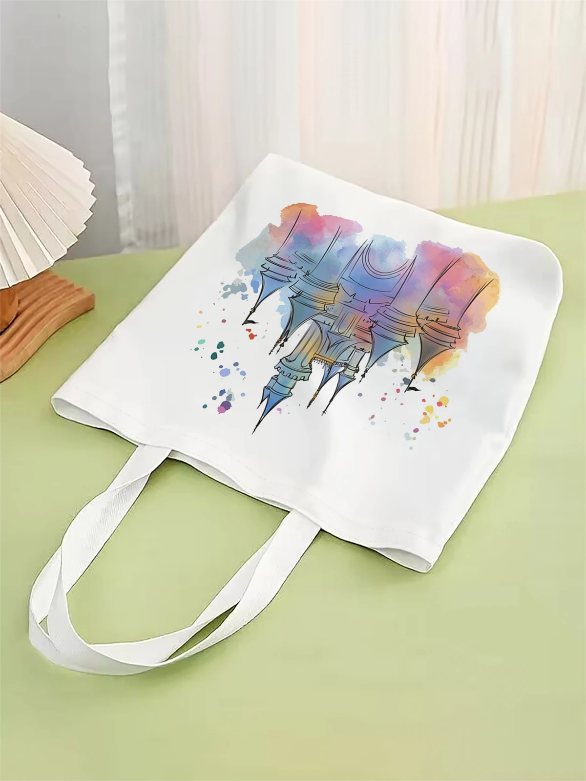 1 piece, castle pattern handbag, reusable fashionable handbag, multifunctional handbag, printed canvas shopping bag