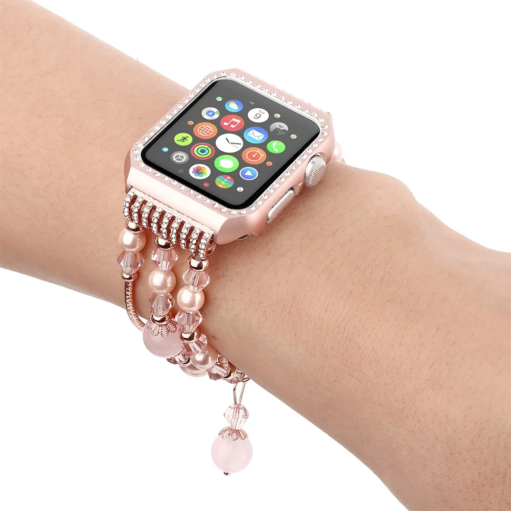 Case + Strap for Apple Watch Band 6 5 4 3 2 SE Agate Crystal Jewelry Smart Integrated Strap for iWatch 45mm 41mm 44mm 40mm Cover