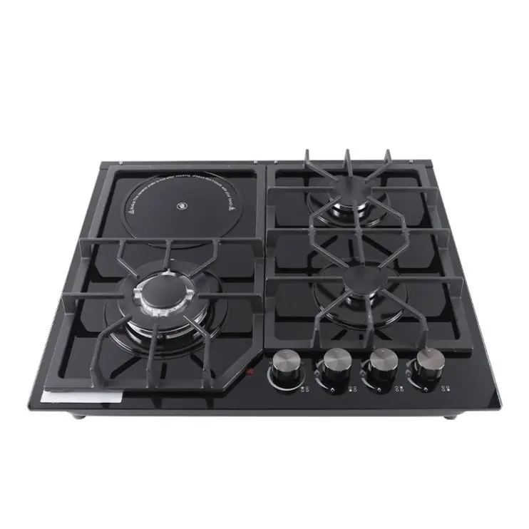 Kitchen 4 Burner Stove Hob Tempered Glass Panel 60Cm Black Built in Gas Hob Grill Gas Stove with Cast Iron Enamel