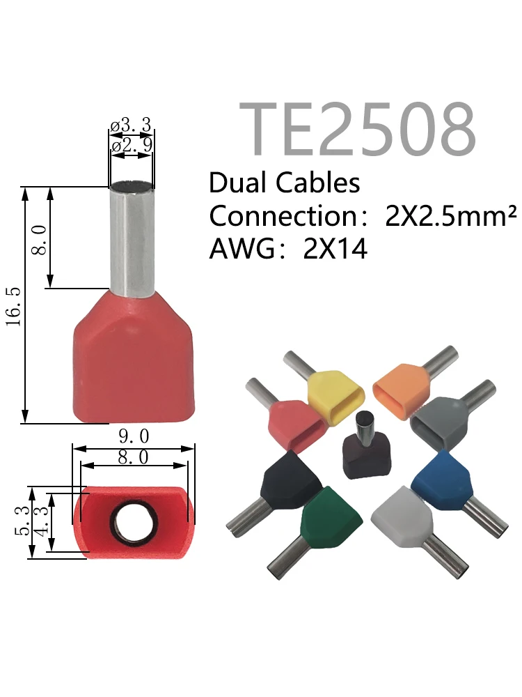 Description Picture 2 of item100PCS TE2508 Dual Wires 2.5mm² Insulated Ferrules Cable Lug Crimping Copper Terminal Electrical Block Cord End Connector