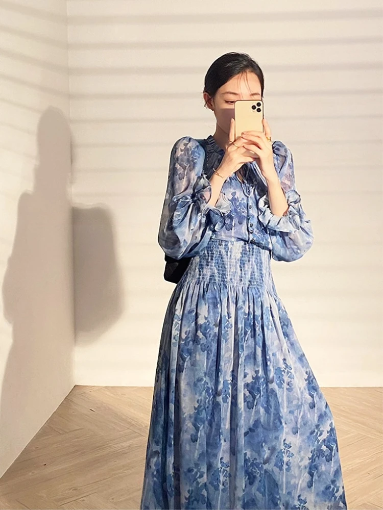 French Vintage Long Sleeve Fairy Dress Women Slim Fashion Floral Midi Dress Beach Casual Korean Style Dresses Female 2023 Summer