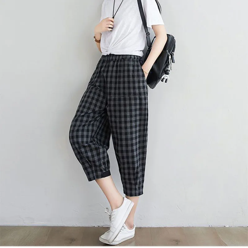 Women Vintage Cotton Black Plaid Harem Pants Korean Fashion Summer New Elastic High Waists Loose Casual Calf Length Trousers 3XL