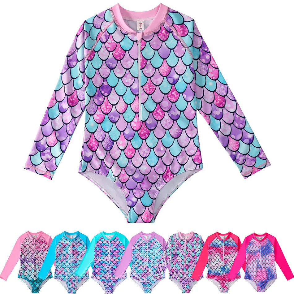 

Children Swimsuit Kids Quick Dry Swimwear Girls Bathing Suit Baby Summer Zipper Beachwear Long Sleeve Swimming One Piece 3-10Y