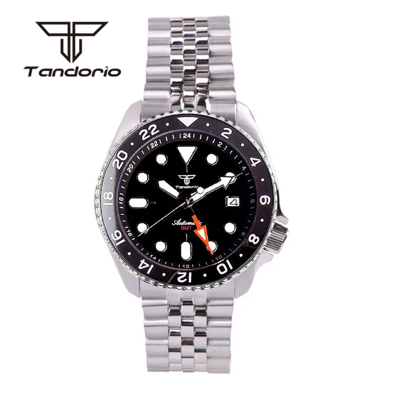 Tandorio GMT NH34A 41mm Classic Stainless Steel Men's Automatic Dive Watch 20Bar Black Dial Sapphire Glass Date Display Luminous