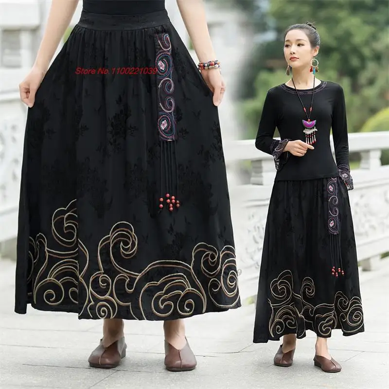 

2024 chinese vintage improved skirt national flower embroidered satin jacquard skirt oriental traditional folk a-line skirt