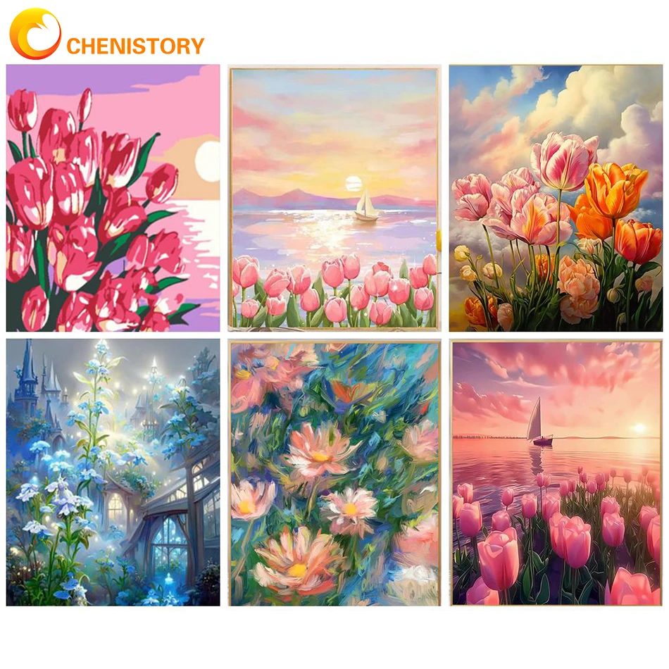 

CHENISTORY Paintings By Numbers Tulip Pictures By Number Flower Kits Acrylic Coloring Drawing Handpainted DIY Gift Home Decor Ar