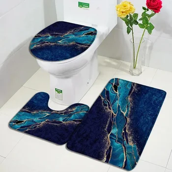 Abstract Marble Bath Mat Sets Modern Geometric Gold Lines Blue Texture Pattern Bathroom Decor Carpet Non-Slip Rugs Toilet Cover 1